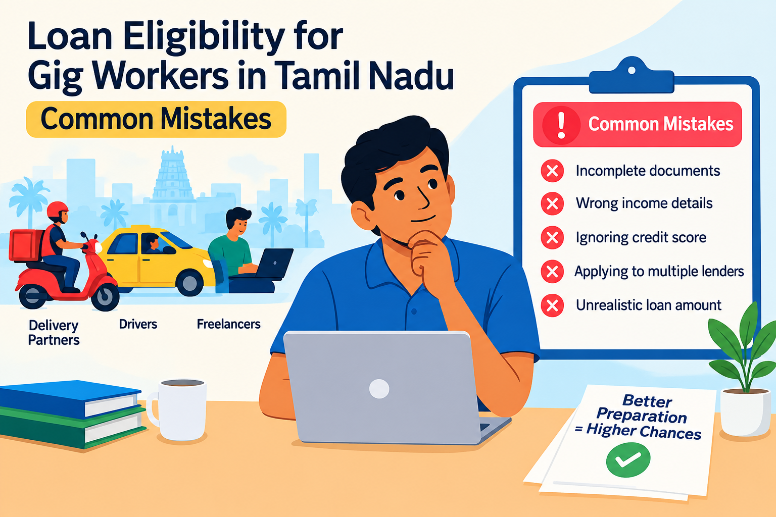 Loan eligibility for gig workers in Tamil Nadu showing common mistakes such as incomplete documents, incorrect income details, ignoring credit score, multiple loan applications, and choosing an unrealistic loan amount.